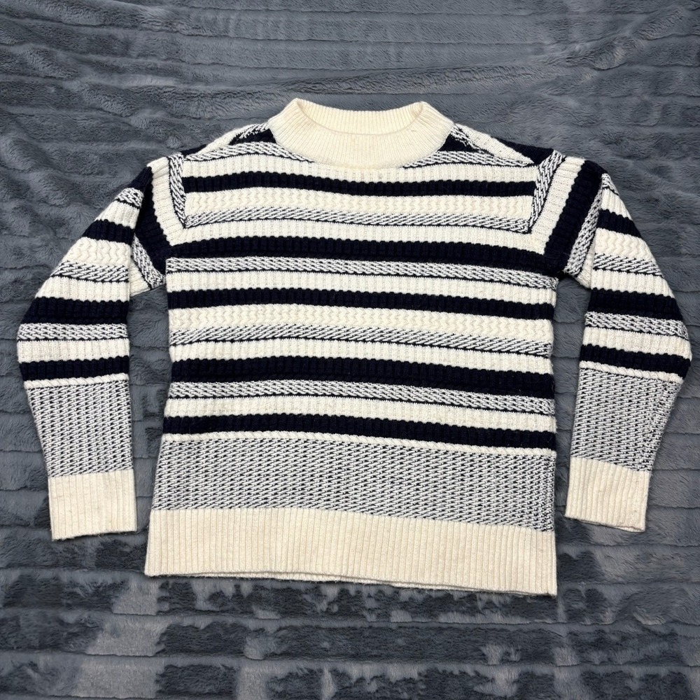 Ann Taylor Womens Navy Blue Cream Striped Cable Knit Mock Neck Sweater Small S